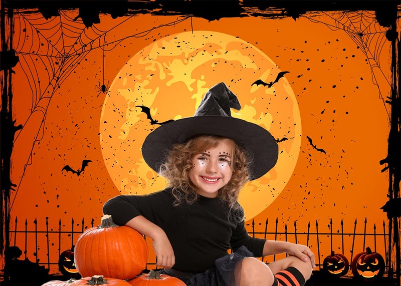 CYLYH 7x5ft Happy Halloween Orange Backdrop Halloween Eve BackdropHalloween Party Lantern Moon Bat Spider Web Graveyard Fence Photography Background Party Decorations - Image 5